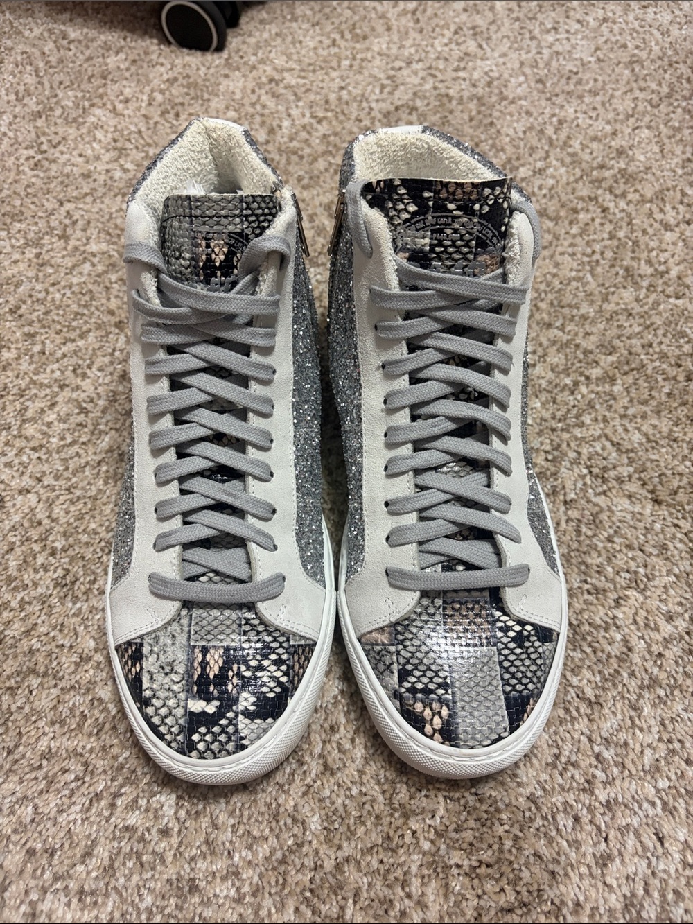 P448 - Women's High-Top Sneakers in Gray Snake-Print and Silver Glitter